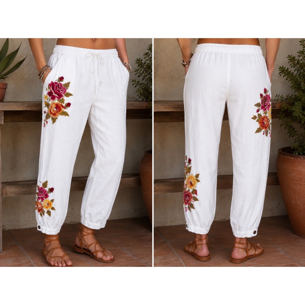 JW Los Angeles White Linen Floral Embroidered Jogger Pants J61918-4 Women M Boho